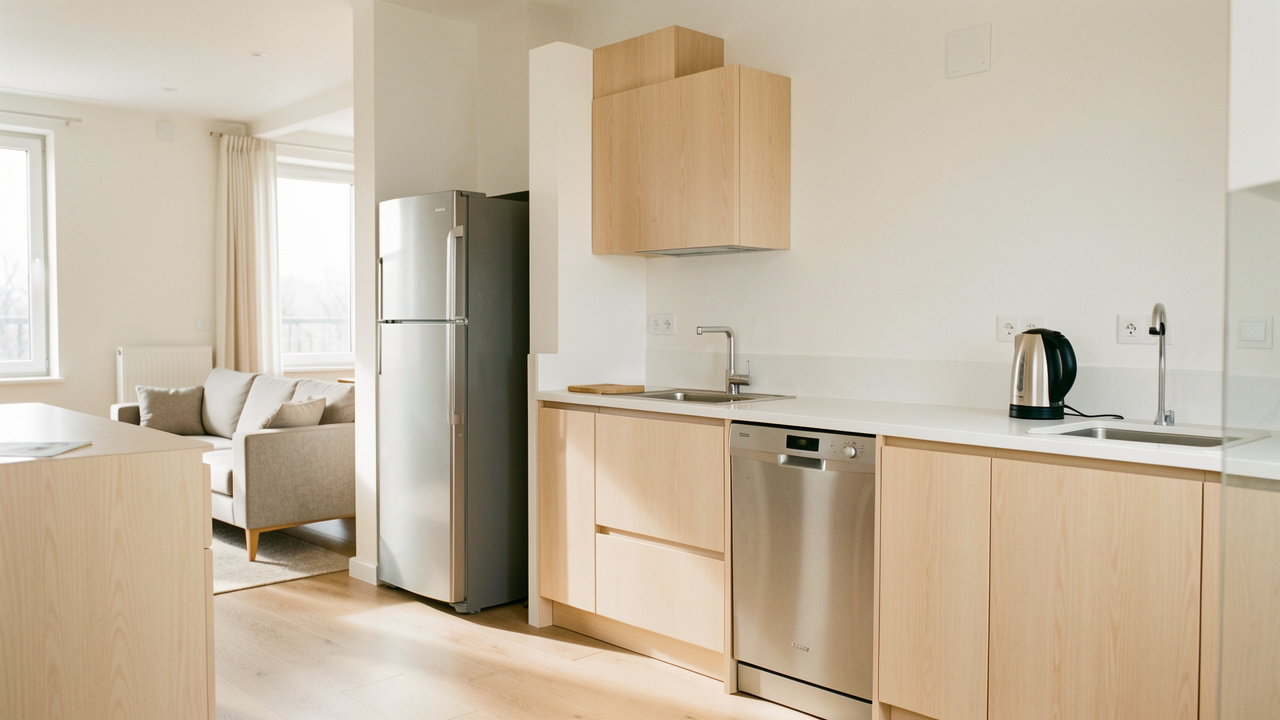 Vue intérieure d’une maison lumineuse et sobre, montrant des appareils domestiques bien rangés dans une cuisine moderne.
