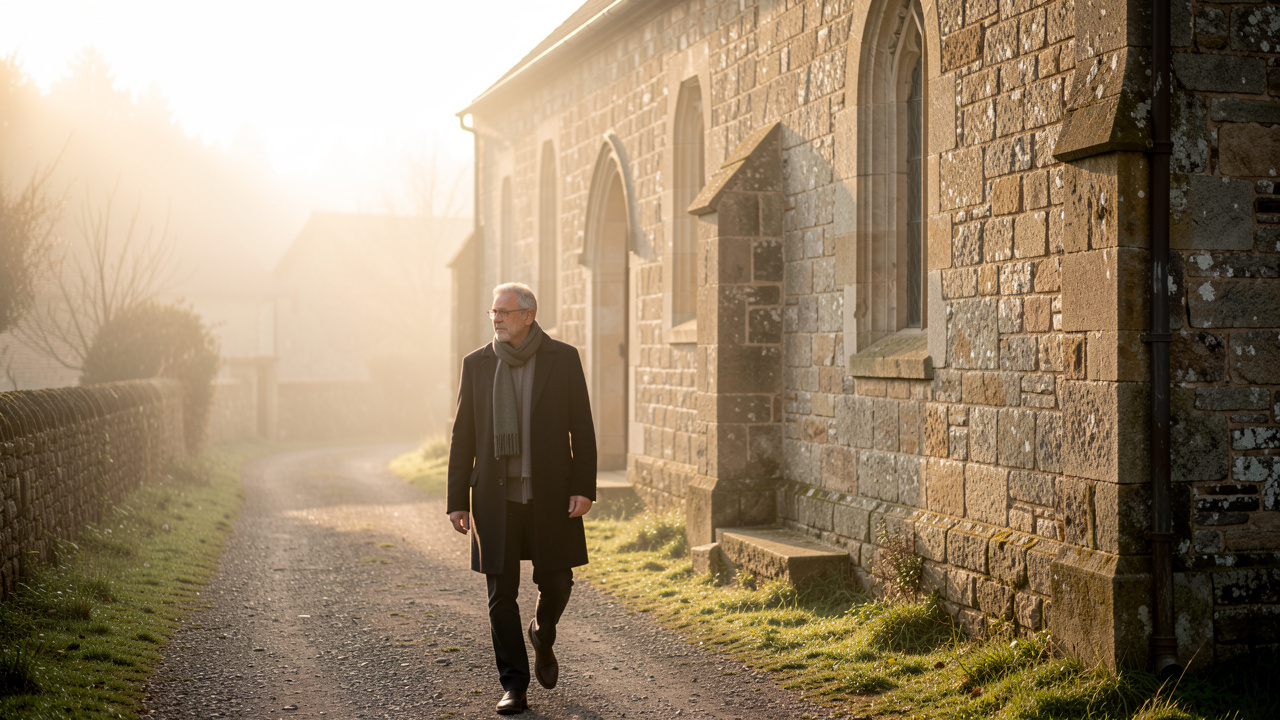 Un homme contemplatif marche près d’une ancienne église en pierre dans la douce lumière du matin, au milieu d’une atmosphère sereine.