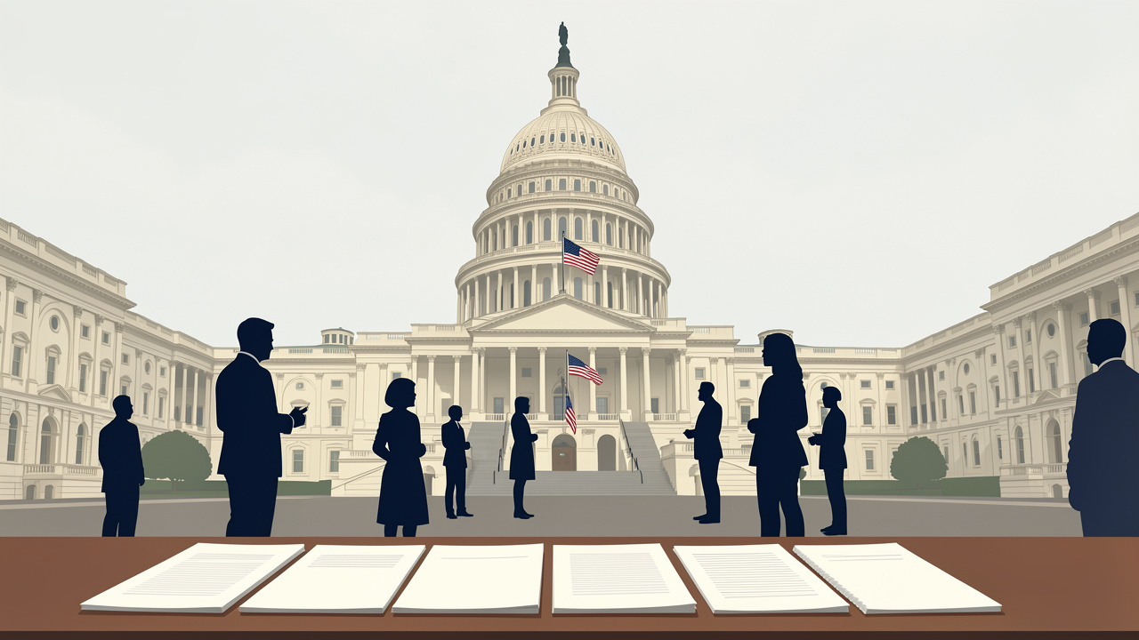 Illustration éditoriale sobre du Capitole américain entouré de drapeaux, de silhouettes de citoyens et de documents institutionnels vierges.