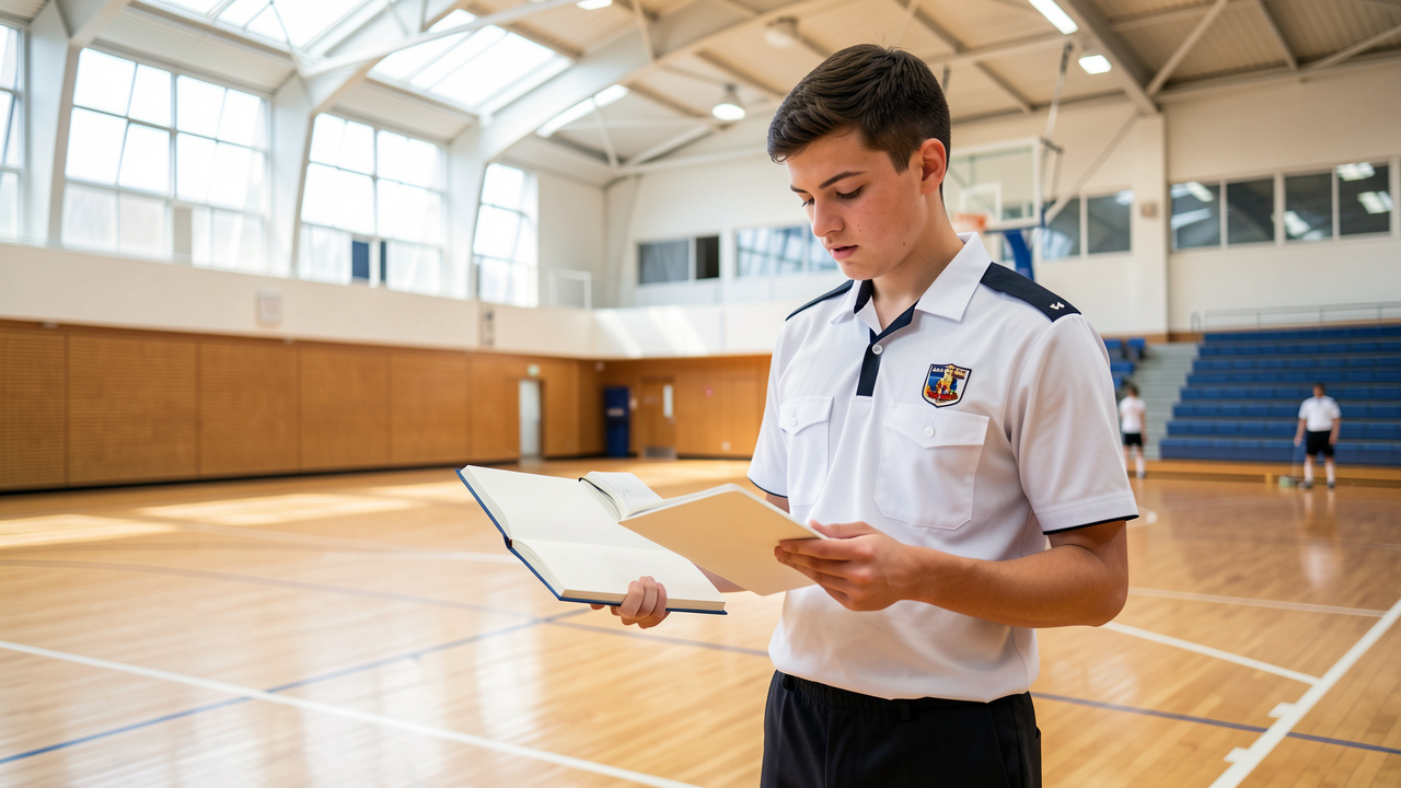 Jeune arbitre sportif étudiant en tenue consultant un carnet et un règlement aux pages vierges dans un gymnase lumineux.