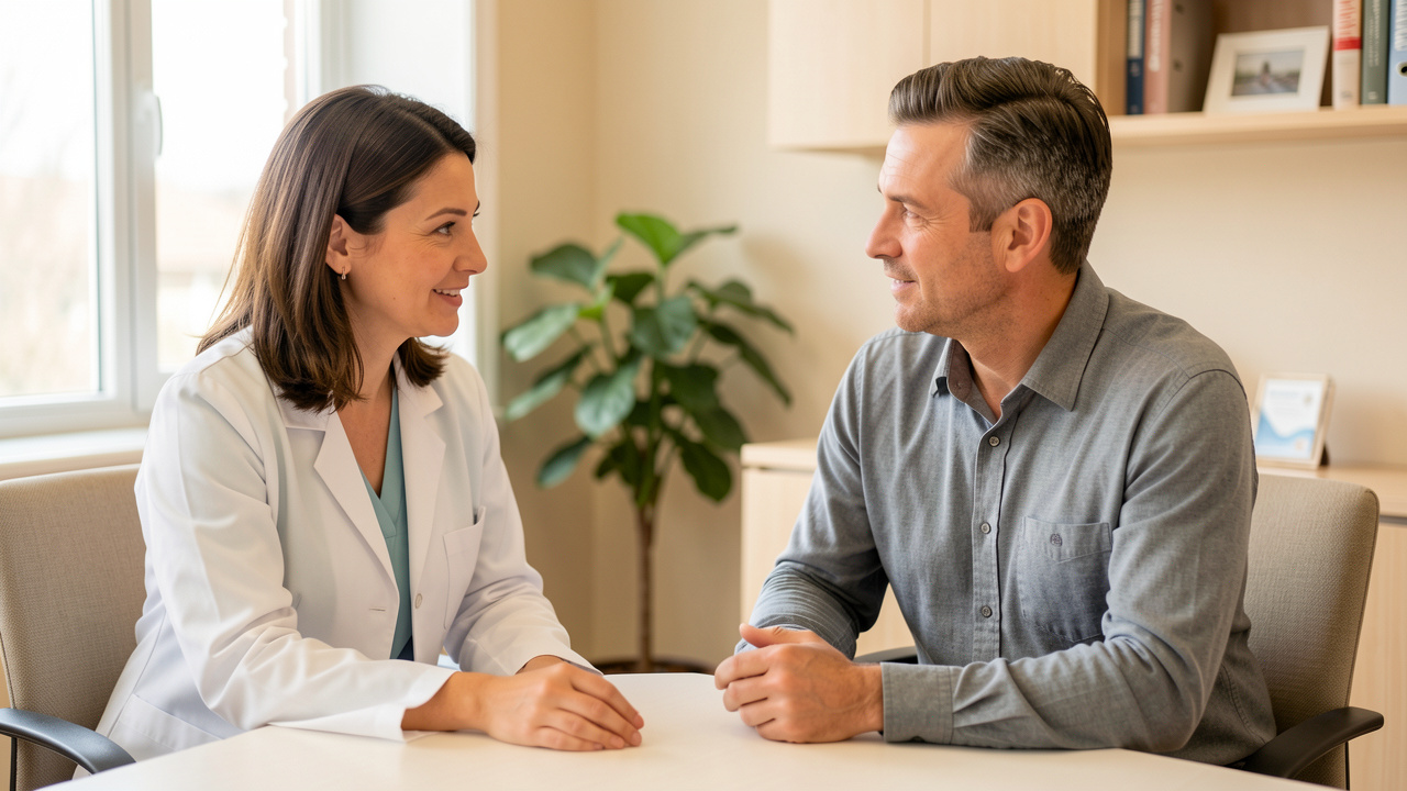 Une médecin échange avec bienveillance avec un homme adulte lors d’une consultation de sevrage tabagique dans un cabinet lumineux et rassurant.