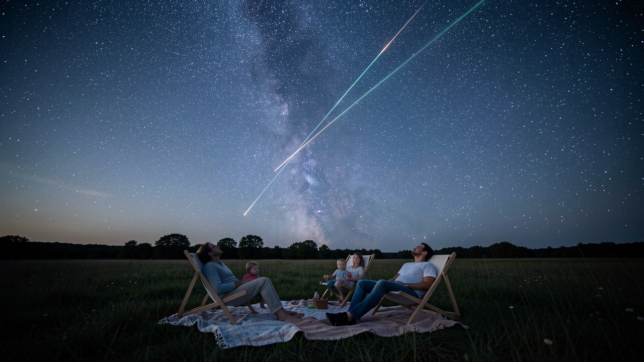 Une famille composée d’un homme, d’une femme et de deux enfants est assise sur des transats et des couvertures dans une prairie sombre, contemplant une pluie d’étoiles filantes sous un ciel étoilé.