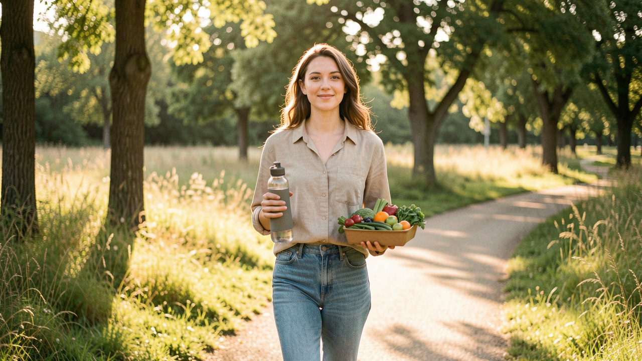 Une jeune femme marche paisiblement sous le soleil matinal avec une gourde et un repas équilibré dans un environnement naturel.