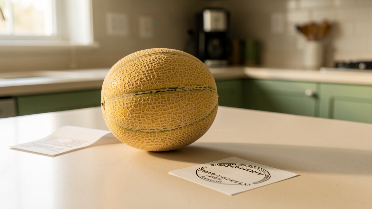 Melon charentais posé sur un plan de cuisine, accompagné d’un ticket de caisse vierge et d’une étiquette de rappel sanitaire sans inscription visible.