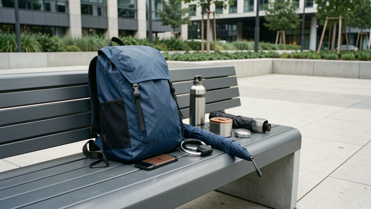 Un sac de trajet, une veste de pluie, une gourde et plusieurs accessoires soigneusement posés sur un banc urbain moderne.