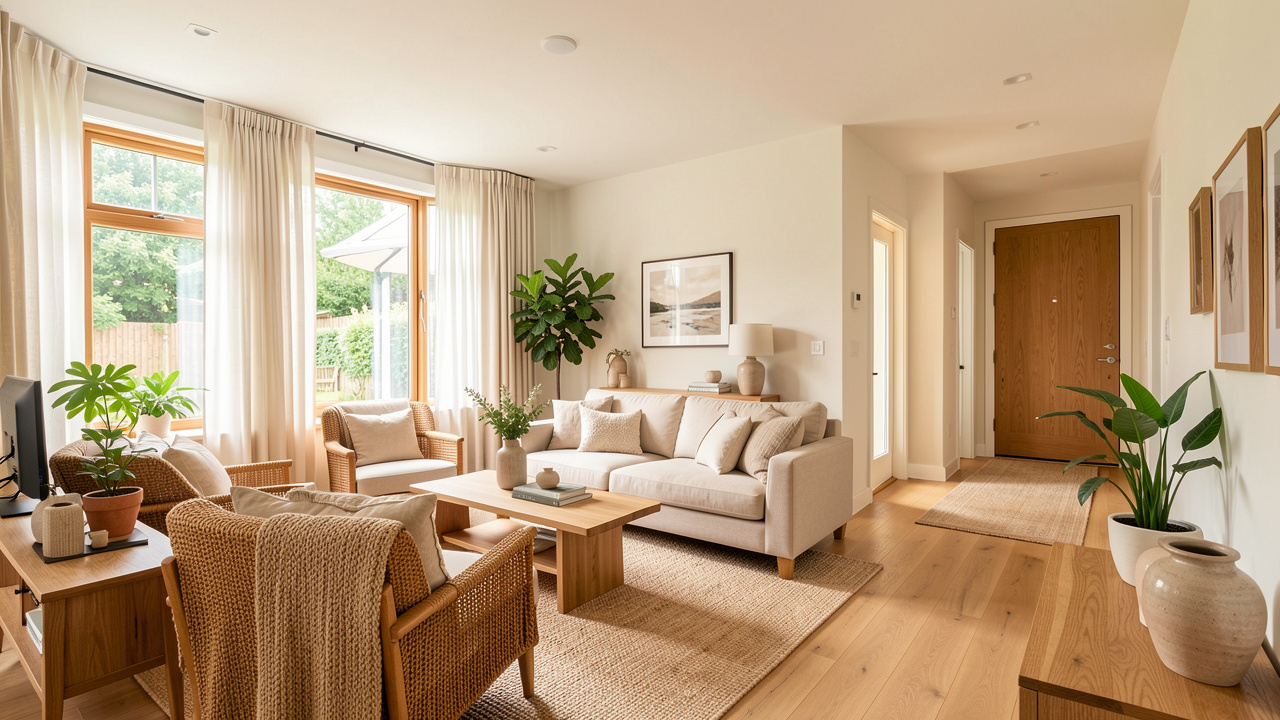 Salon lumineux et chaleureux ouvert sur une entrée bien rangée, avec un mobilier fonctionnel, des matières naturelles et une décoration harmonieuse.