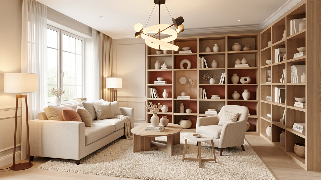 Séjour contemporain lumineux et convivial avec canapé, fauteuil, tapis moelleux, bibliothèque ouverte et éclairages chaleureux.