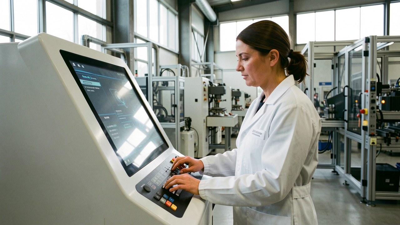 Une opératrice industrielle observe un poste de travail équipé d’une interface d’intelligence artificielle dans un atelier moderne, avec des machines en arrière-plan et une lumière naturelle.