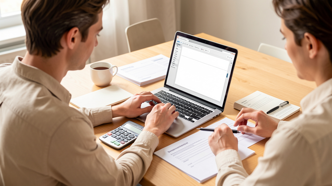 Un homme et une femme consultent un ordinateur avec une simulation visuelle de crédit immobilier, entourés de documents bancaires vierges et d’une calculatrice sur une table lumineuse.