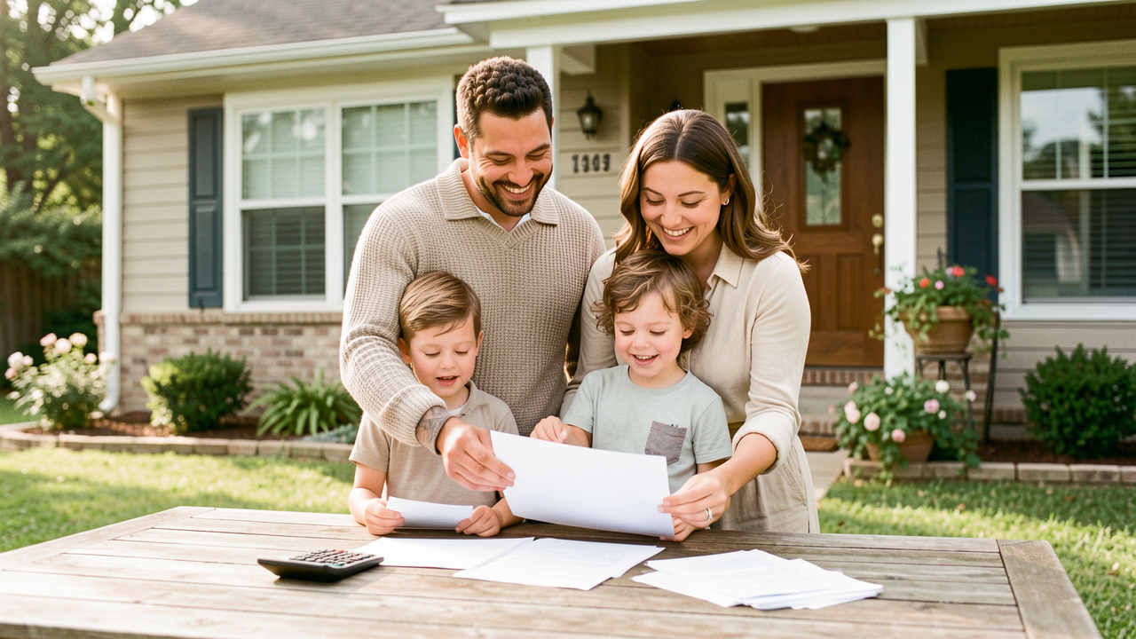 Un homme, une femme et leurs deux enfants devant une maison familiale, avec des documents de prêt immobilier vierges et une calculatrice posés sur une table éclairée par la lumière naturelle.