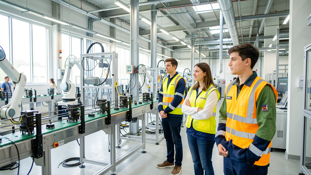 Trois étudiants observent une ligne industrielle automatisée moderne avec des capteurs visibles dans une plateforme pédagogique lumineuse.