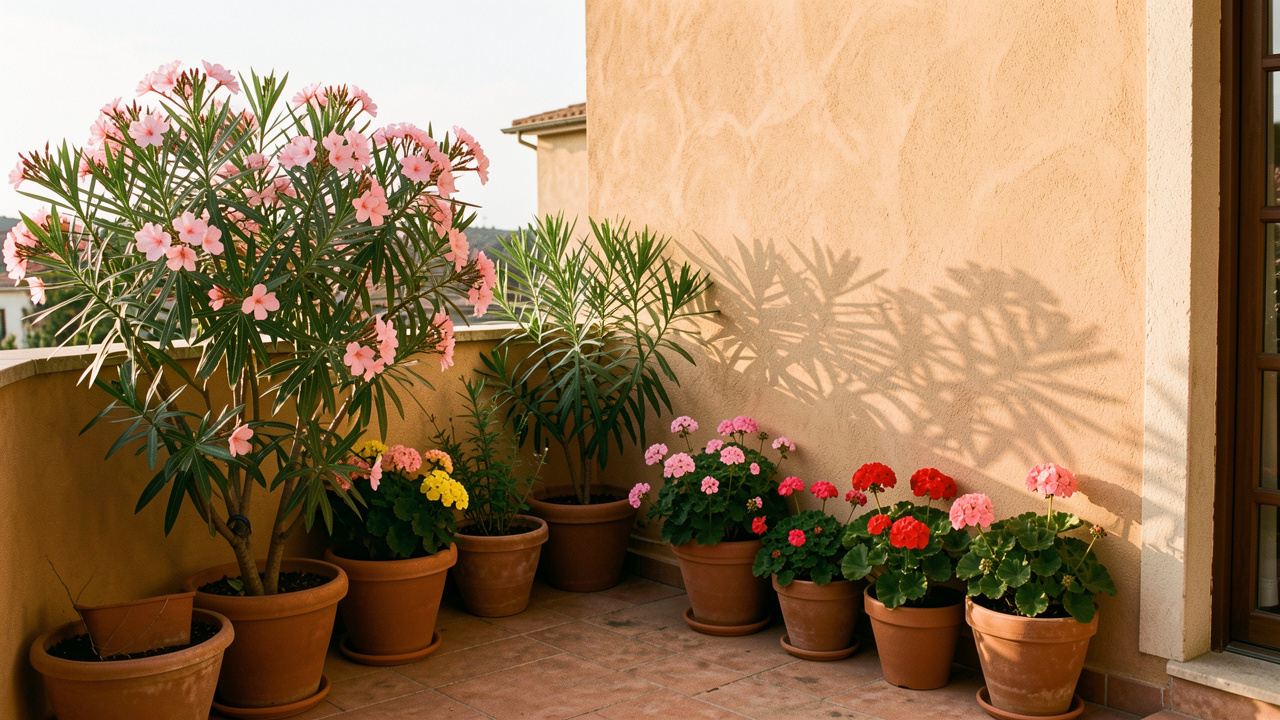 Terrasse d’appartement en septembre avec des plantes en pot regroupées contre un mur, un laurier-rose, des pélargoniums et quelques pots isolés baignés par une douce lumière d’automne.