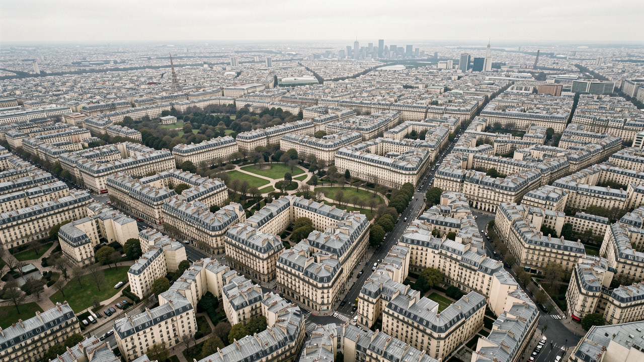 Vue aérienne réaliste de Paris montrant des quartiers résidentiels, des immeubles haussmanniens et des zones urbaines du nord-est sous une lumière douce et sobre.