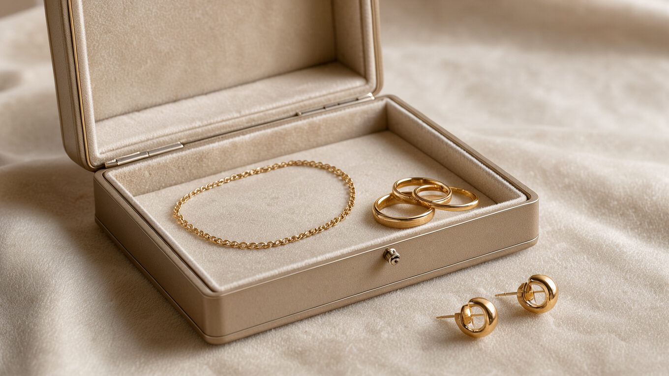 Boîte à bijoux élégante ouverte, contenant une chaîne fine, des bagues et des boucles d’oreilles dorées sur un velours clair éclairé par une lumière douce.
