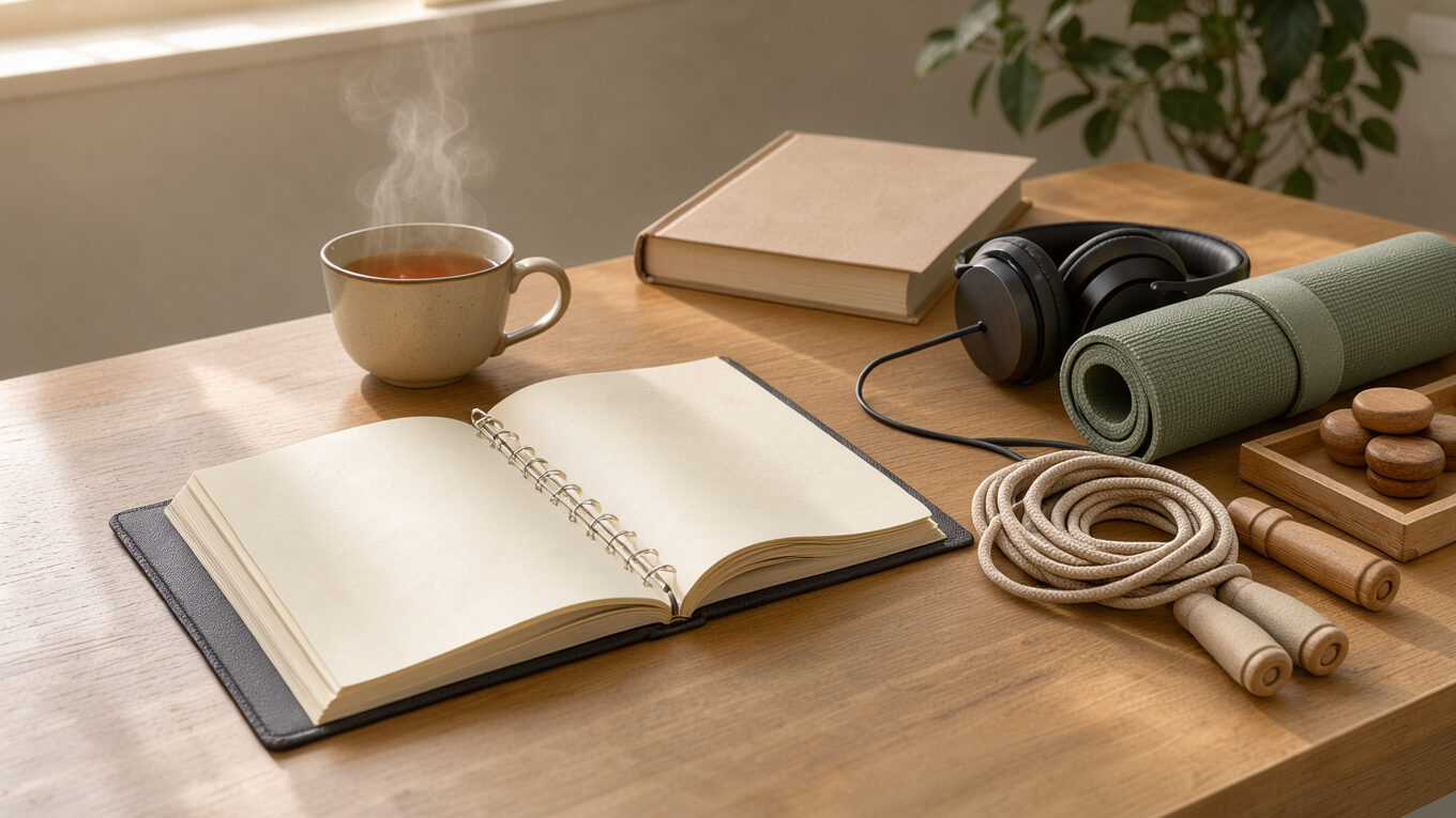 Bureau lumineux avec un agenda ouvert vierge, une tasse de thé, un livre fermé, un casque audio et du matériel de loisir soigneusement disposé.