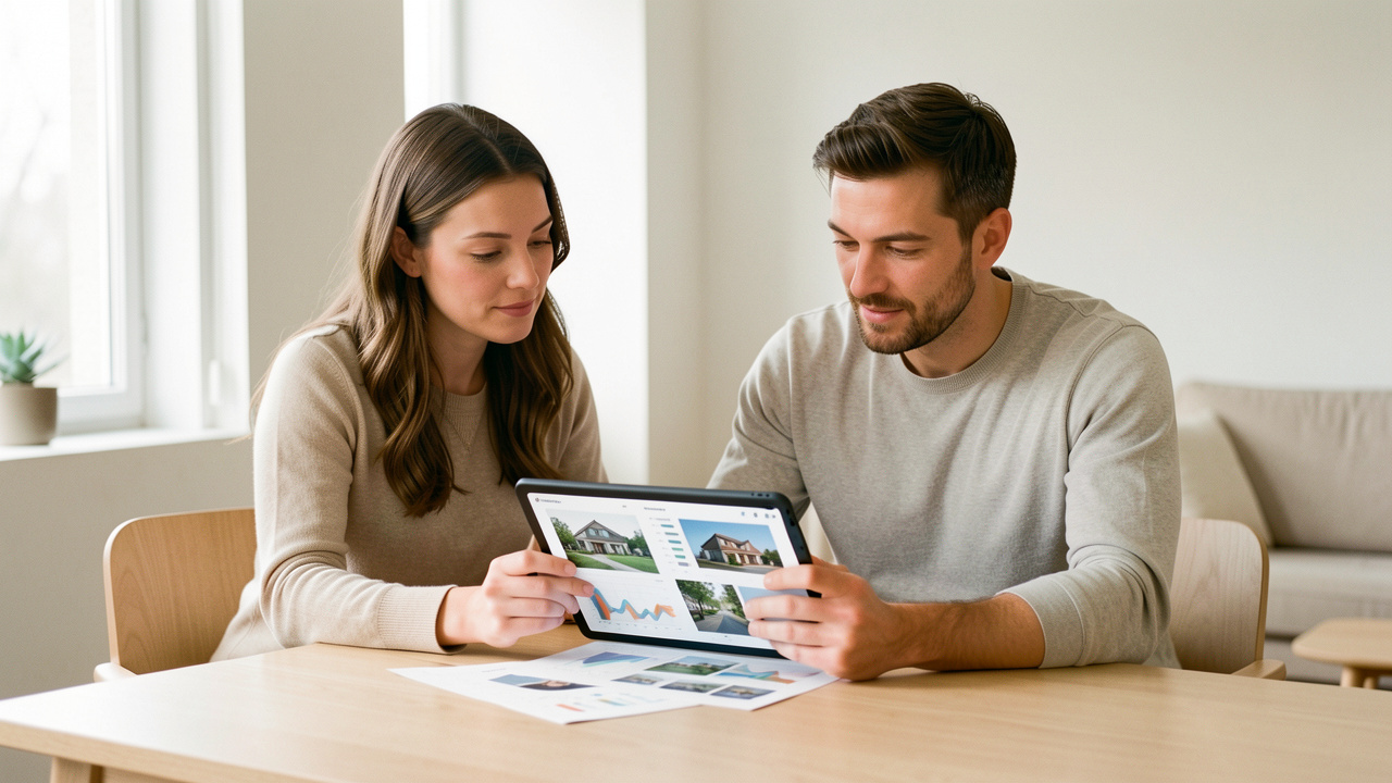 Un homme et une femme consultent ensemble des graphiques immobiliers abstraits et des images de logements sur une tablette, dans un intérieur lumineux et sobre.