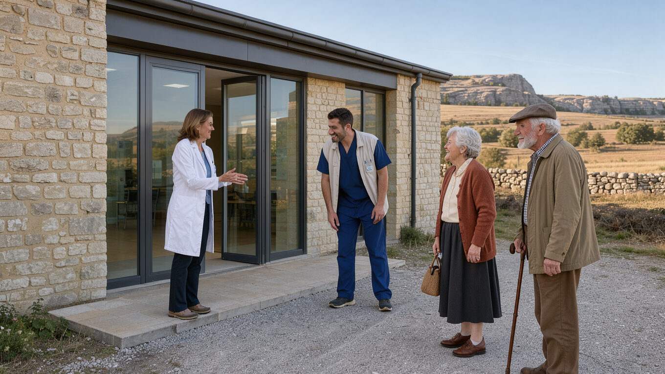 Maison de santé moderne dans un village rural de l’Aveyron, avec une médecin et un infirmier accueillant deux habitants devant un paysage de causses.