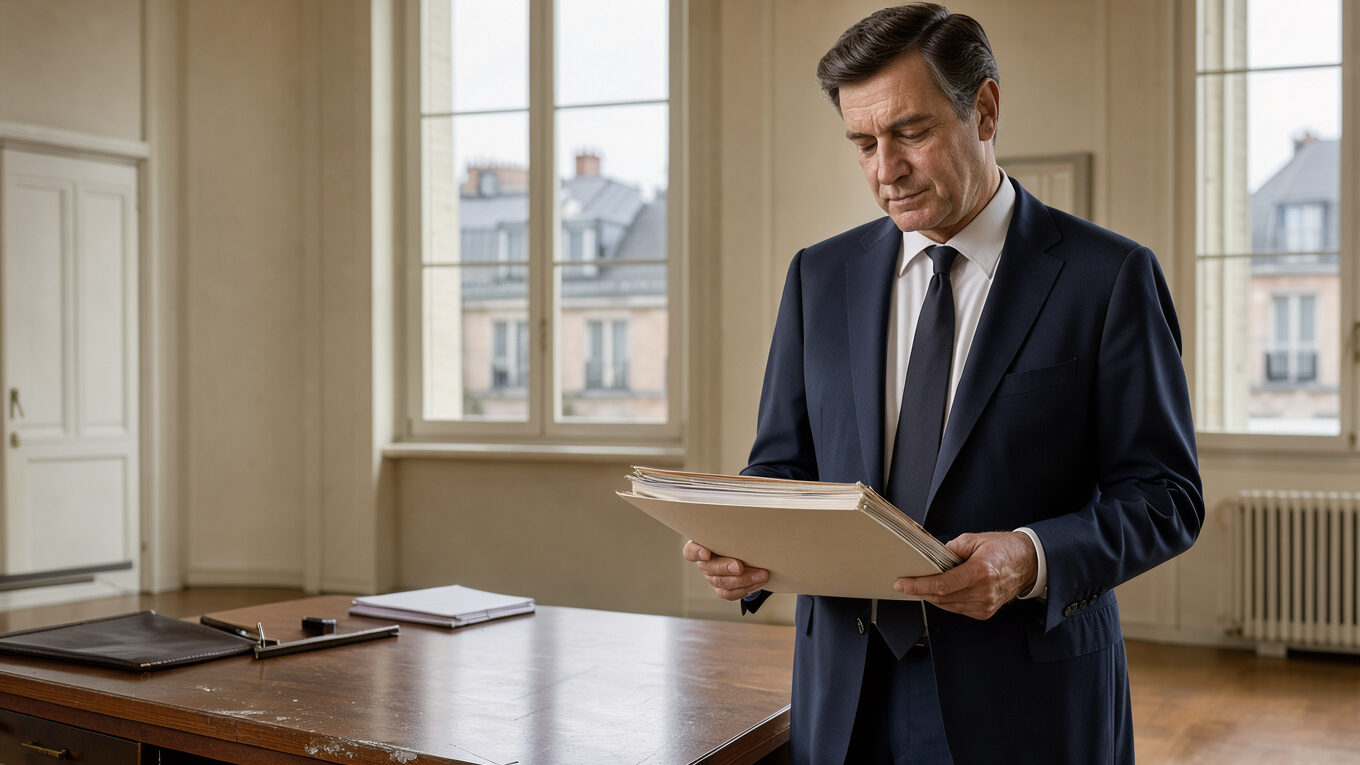 Portrait réaliste d’un haut fonctionnaire français dans un bureau institutionnel, consultant des dossiers administratifs vierges avec une vue discrète sur les toits de Paris.