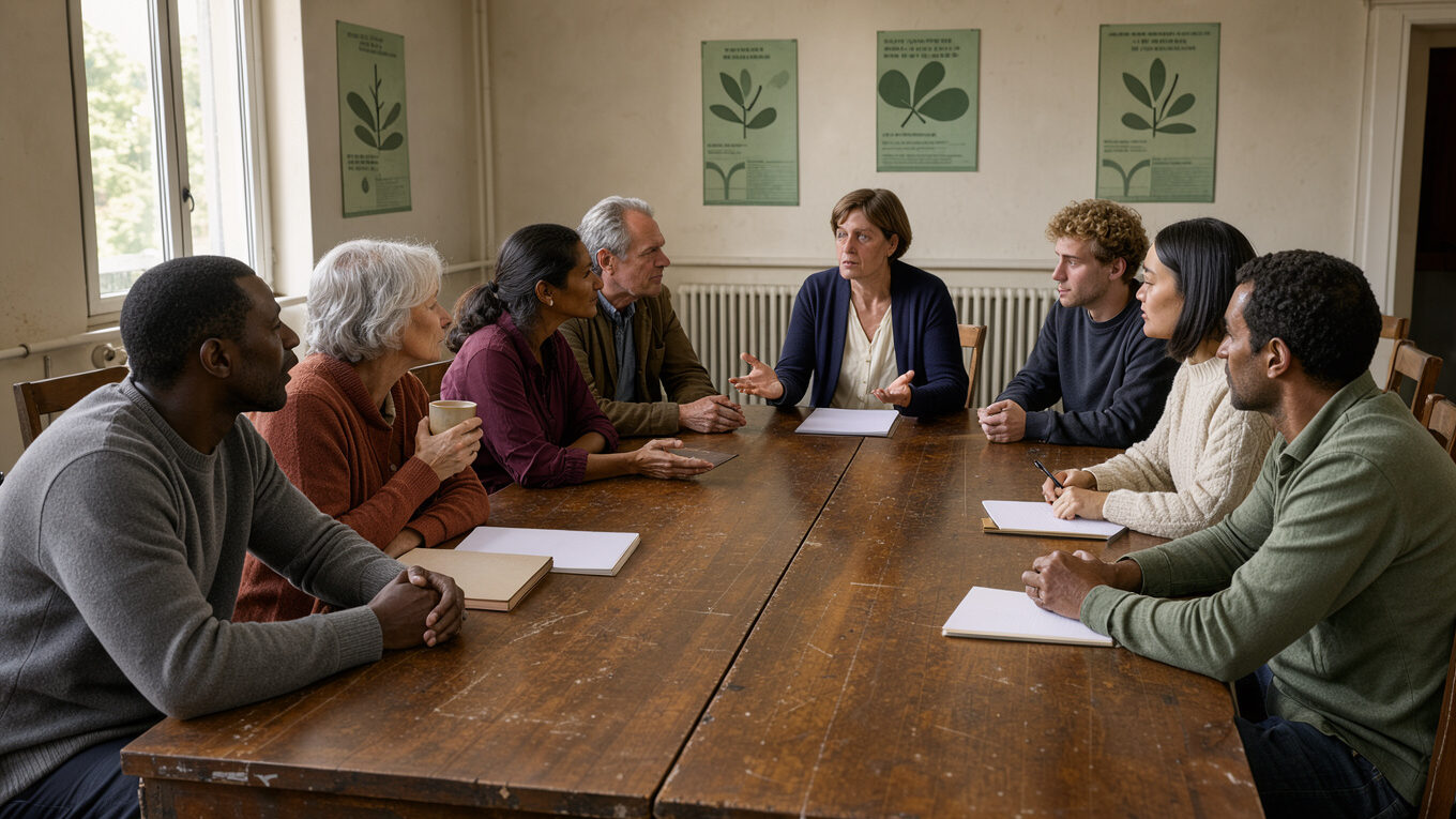 Réunion politique locale en France, avec des femmes et des hommes réunis autour d’une table dans une salle municipale sobre, entourés d’affiches vertes aux motifs abstraits évoquant l’écologie et la citoyenneté.