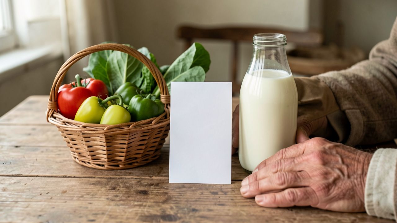 Ticket de caisse vierge posé entre un panier de légumes, une bouteille de lait et les mains d’un agriculteur sur une table en bois.